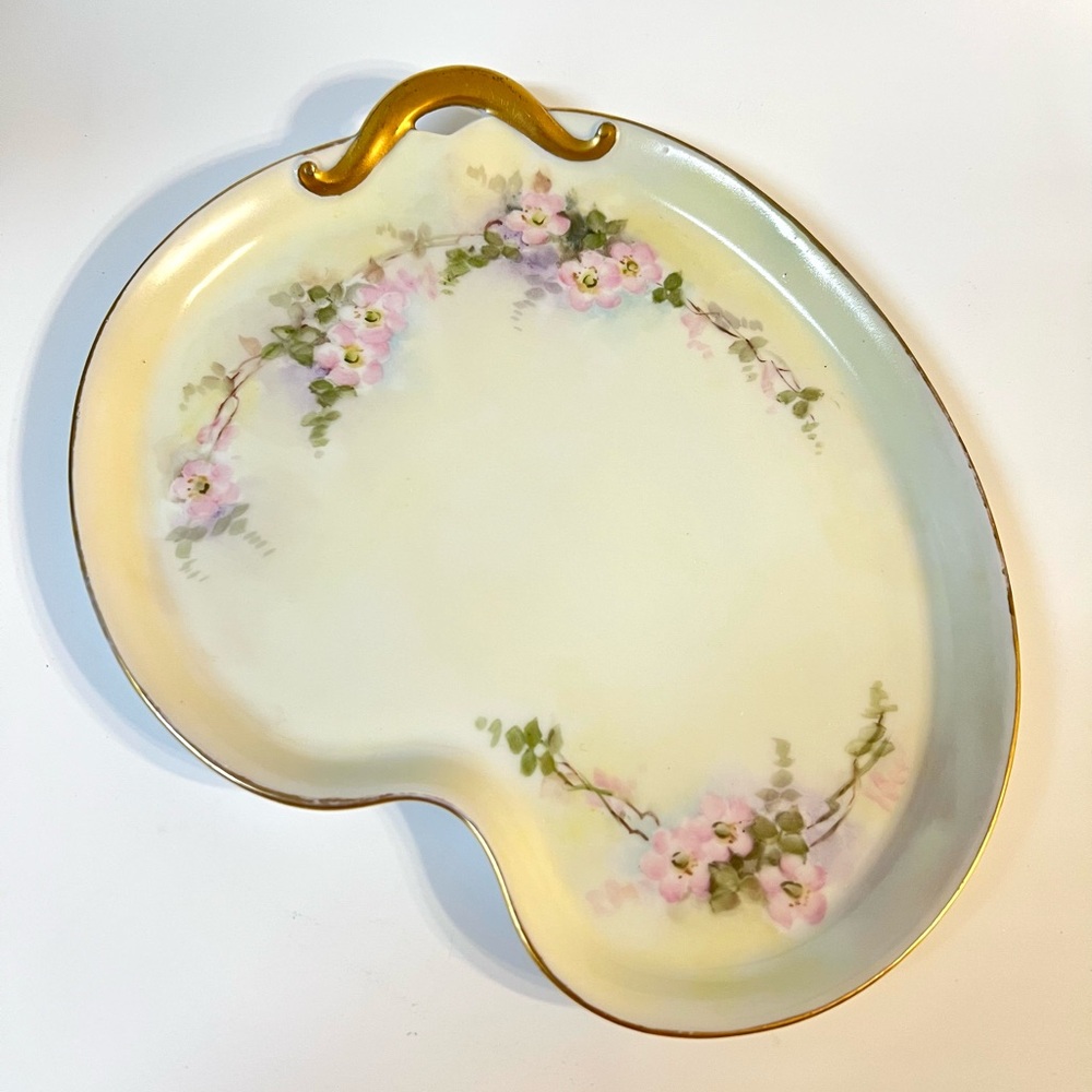 Handpainted GDA Limoges Irregular Porcelain Tray Floral Pattern Gold Handle